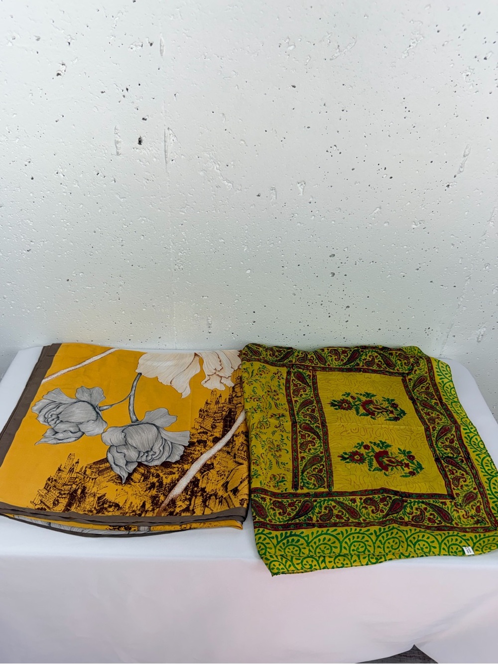 Lot of 2 Unbranded Large Yellow and Beige and Silk Yellow Red Green Silk